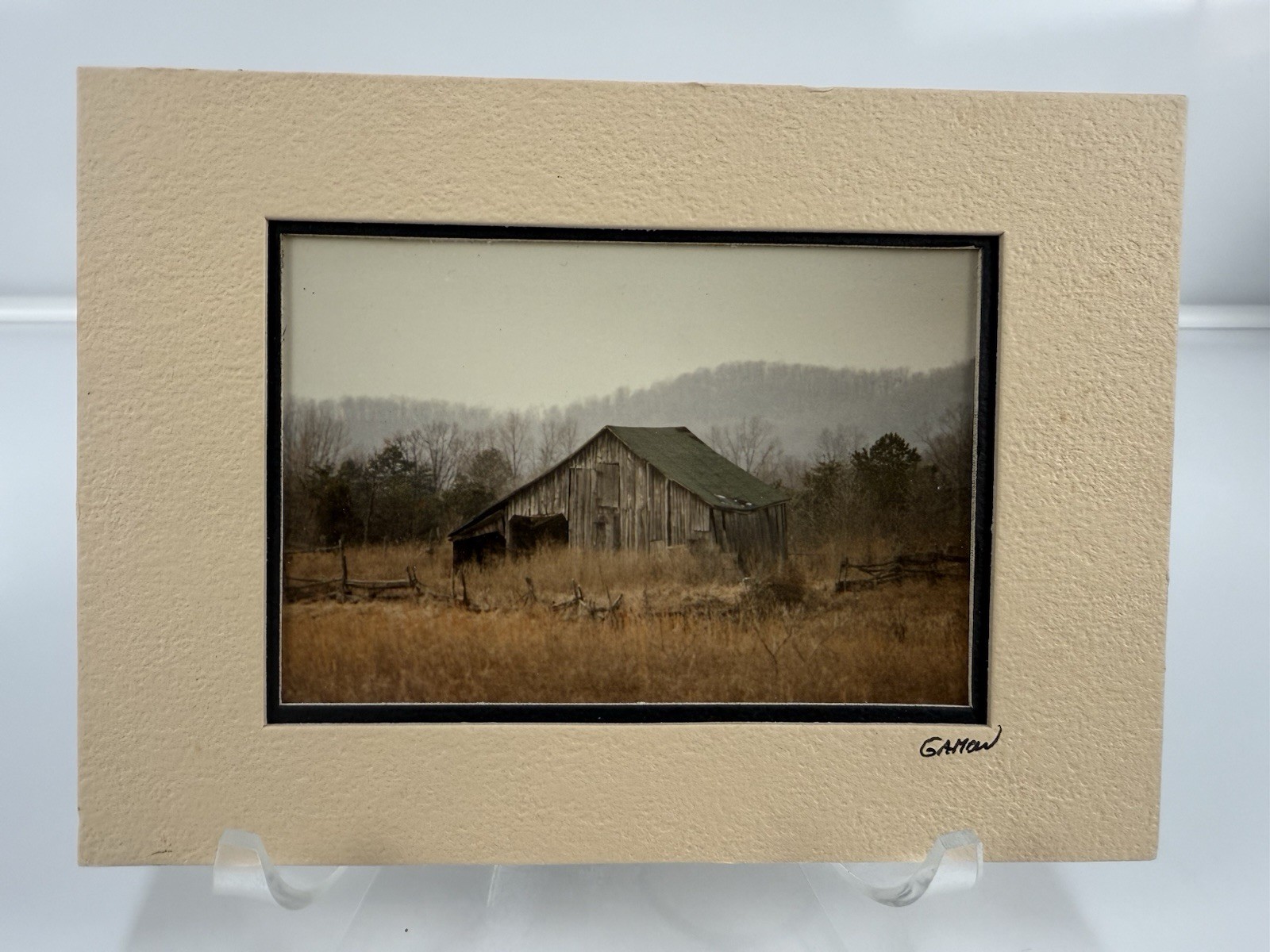 Gamow signed Old Farm Barn in Fenced Field Pasture Photography Art 5″ x 7″ Mated