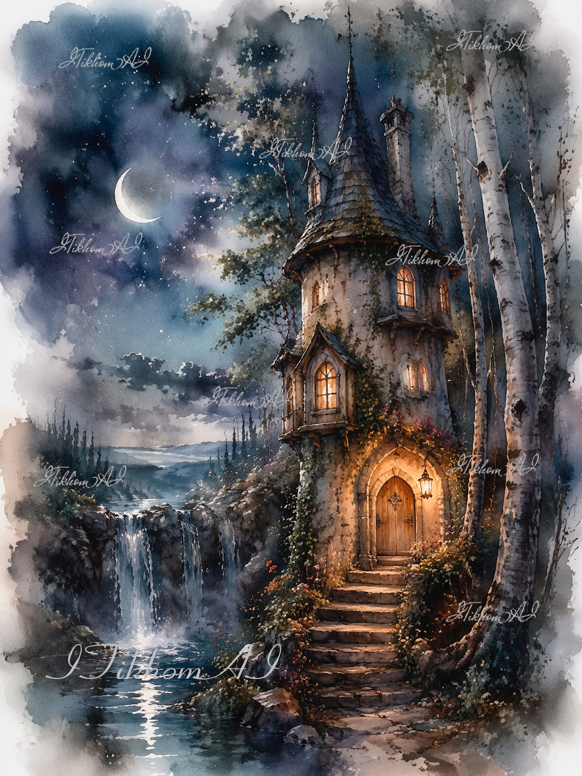 Digital Art Landscape House Trees Waterfoll Night Clouds Background Wallpaper