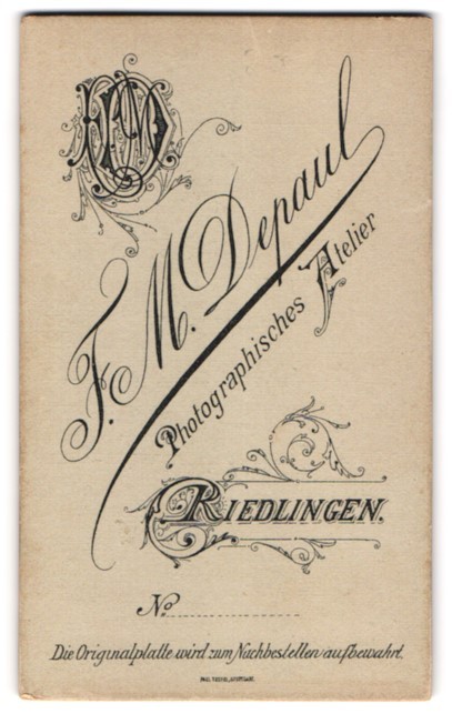 Photograph F. M. Depaul, Riedlingen, monogram of the photographer on address de