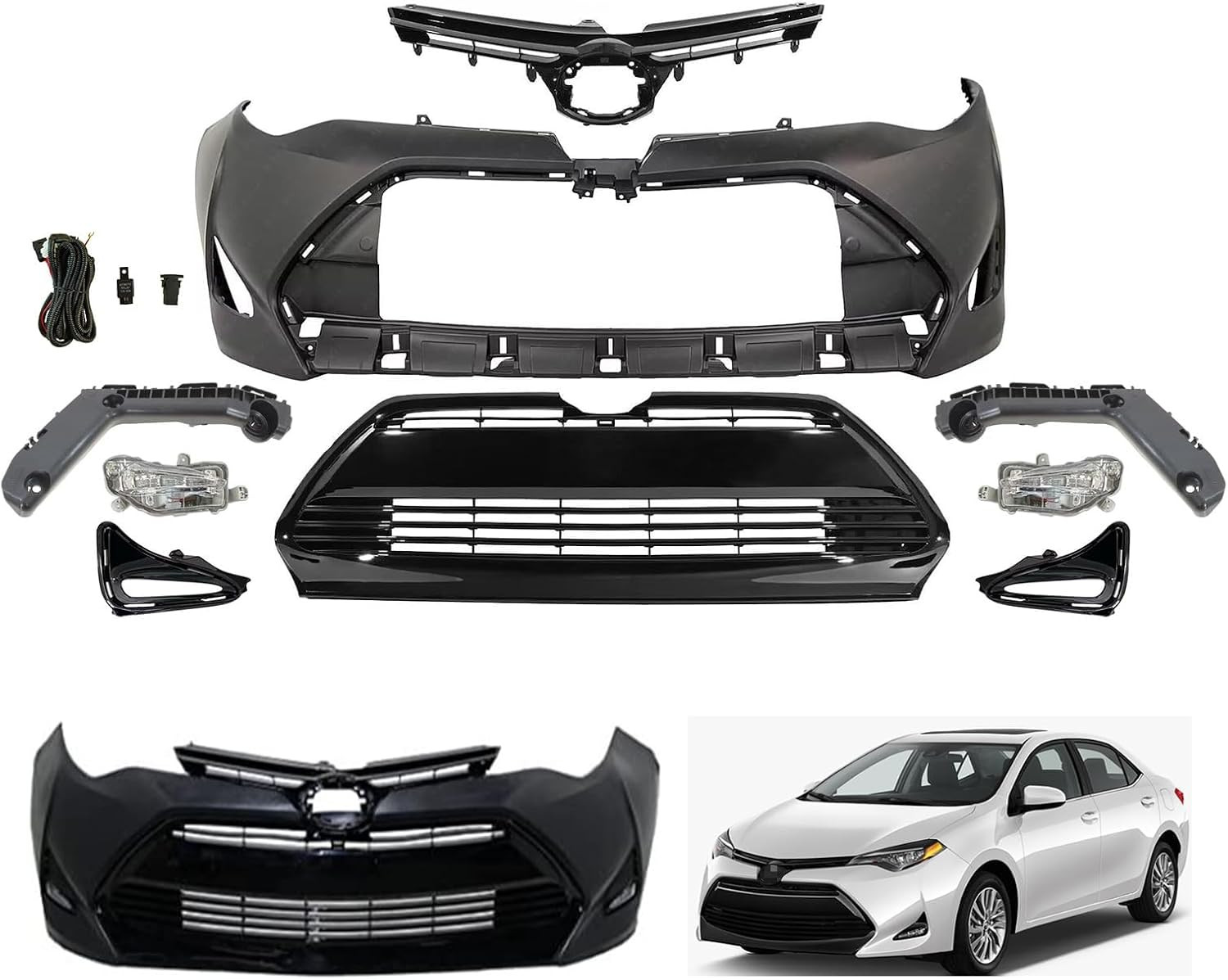 Front Bumper Cover Grille Kit Fits 2017-2019 Toyota Corolla W/Fog Lights | for L