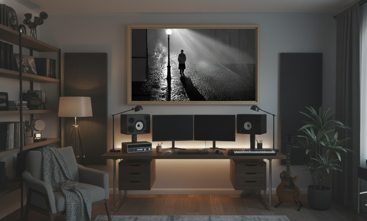 Night Street Lamp Post Man Cobblestone Rain B&W Ai Art Digital Download PNG File