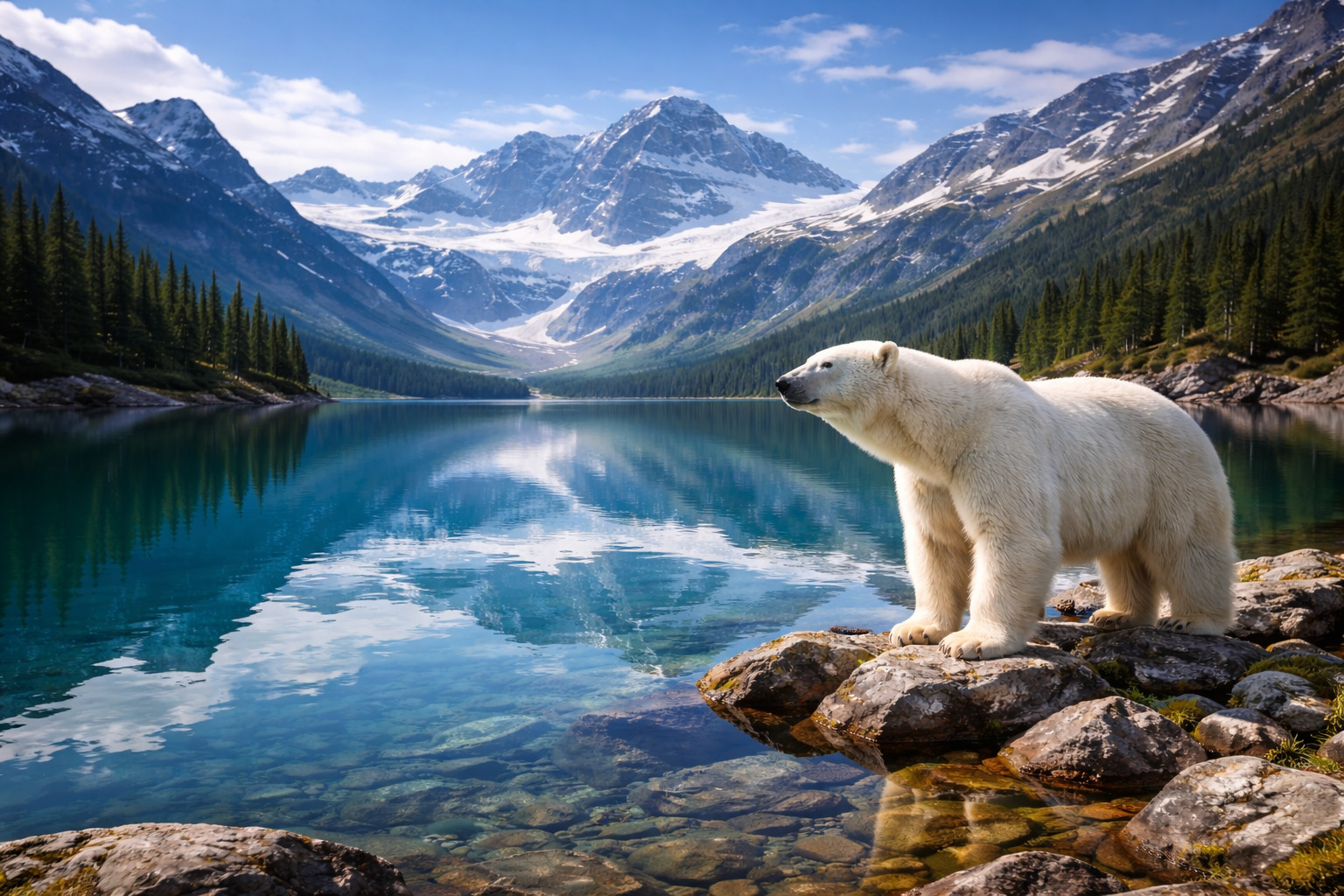 Digital Art Wallpaper – Polar Bear Mountain Lake Landscape HD Nature Wildlife