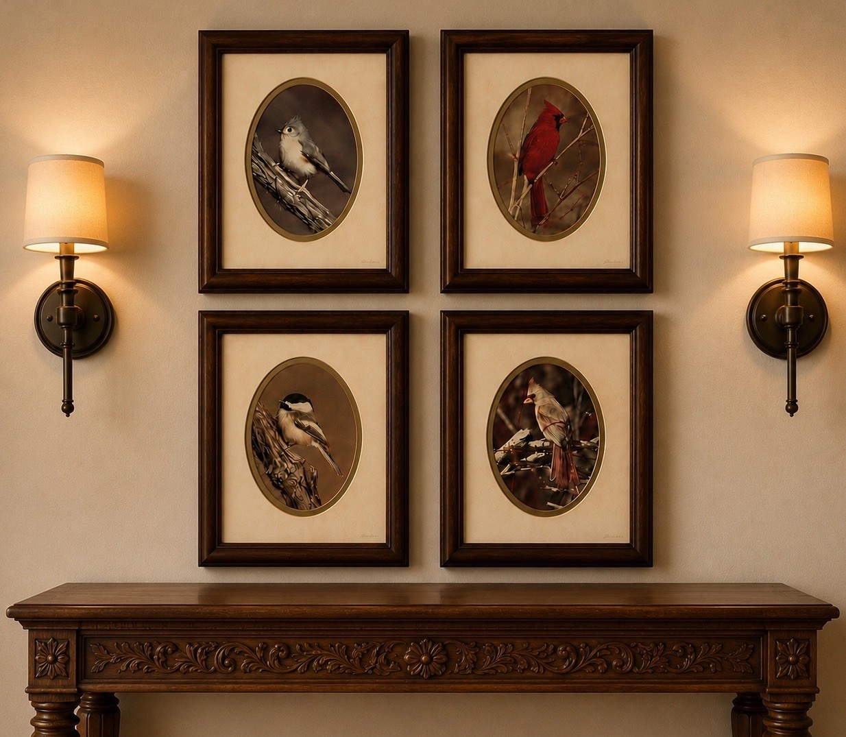 Rick Denomme Bird Photography Set of 4 Framed Cardinal Chickadee Titmouse Signed