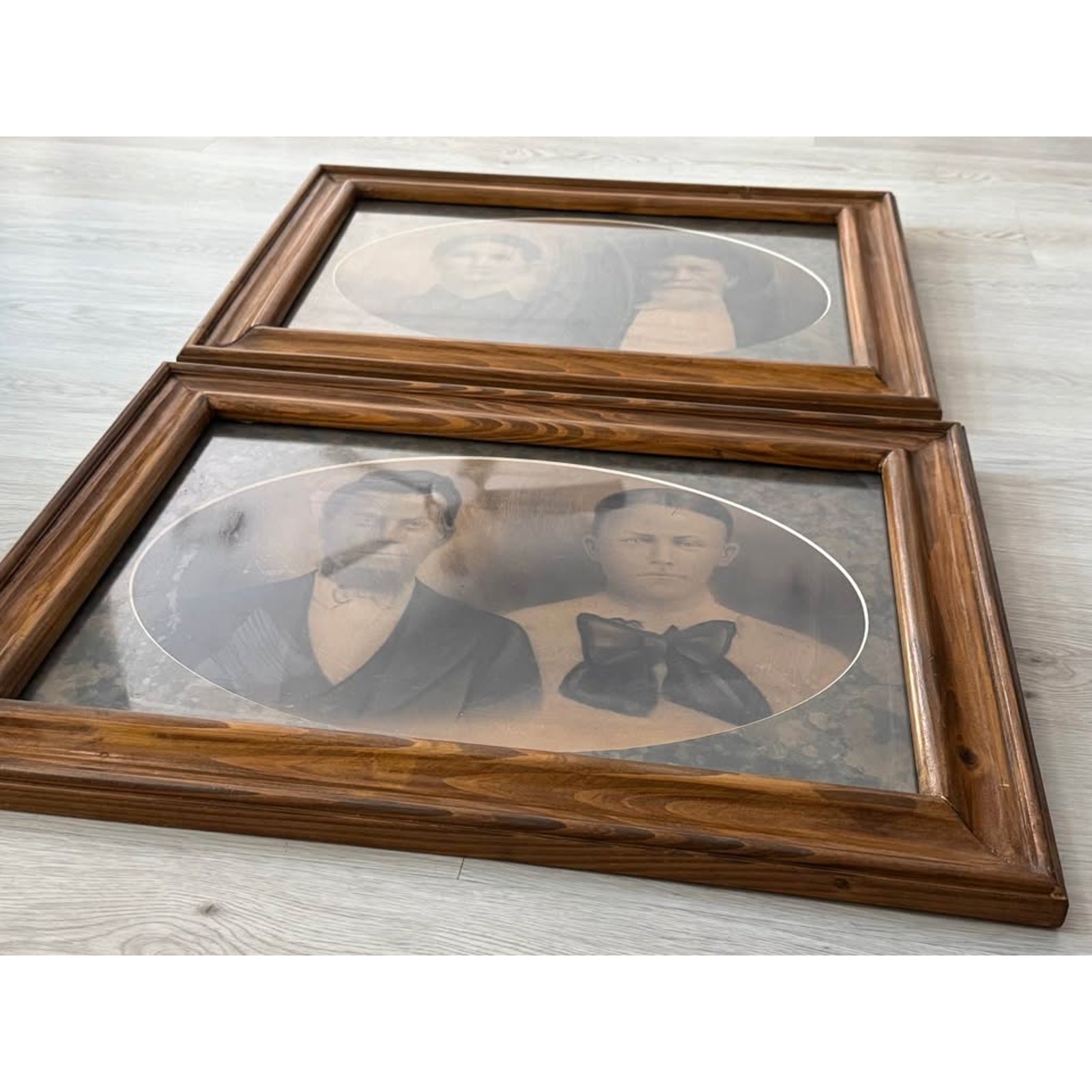 Large Pair of Antique Late 19th Century Wood Framed Family Portraits Wall Decor