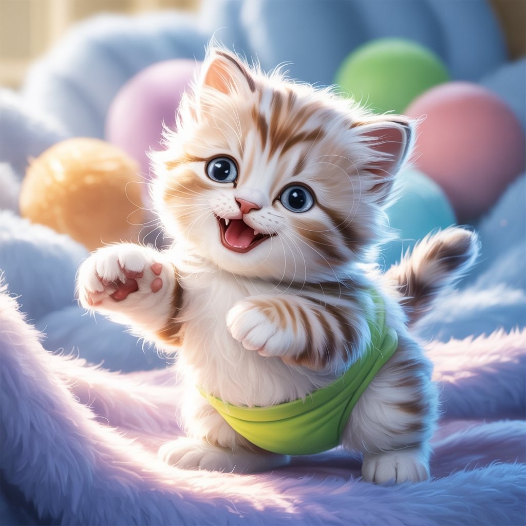 Cute Playful Kitten Digital Art | Baby Cat Illustration | Nursery Wall Decor