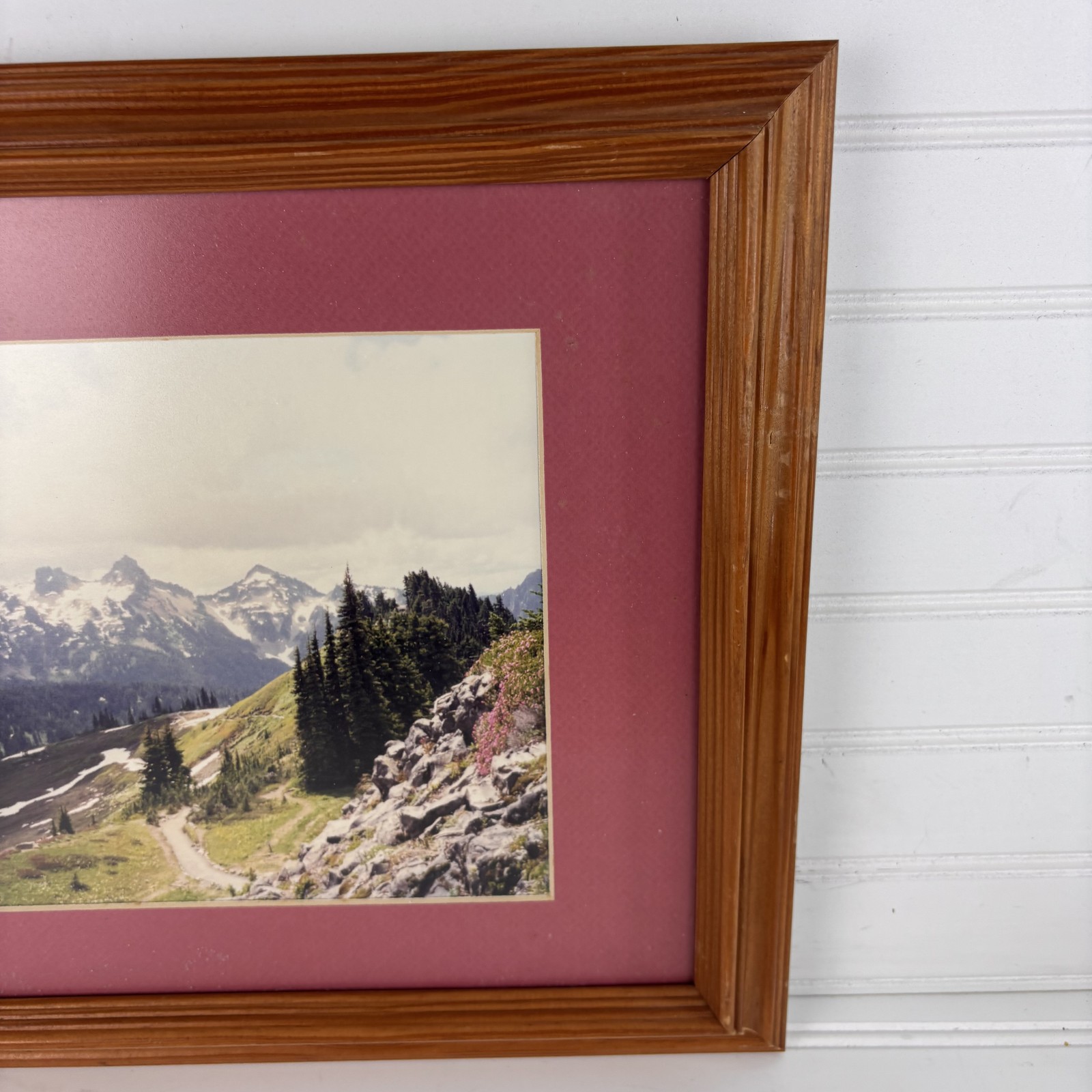 Vintage Framed Landscape Photo Snowy Mountains Forest Hiking Trail Matted Art