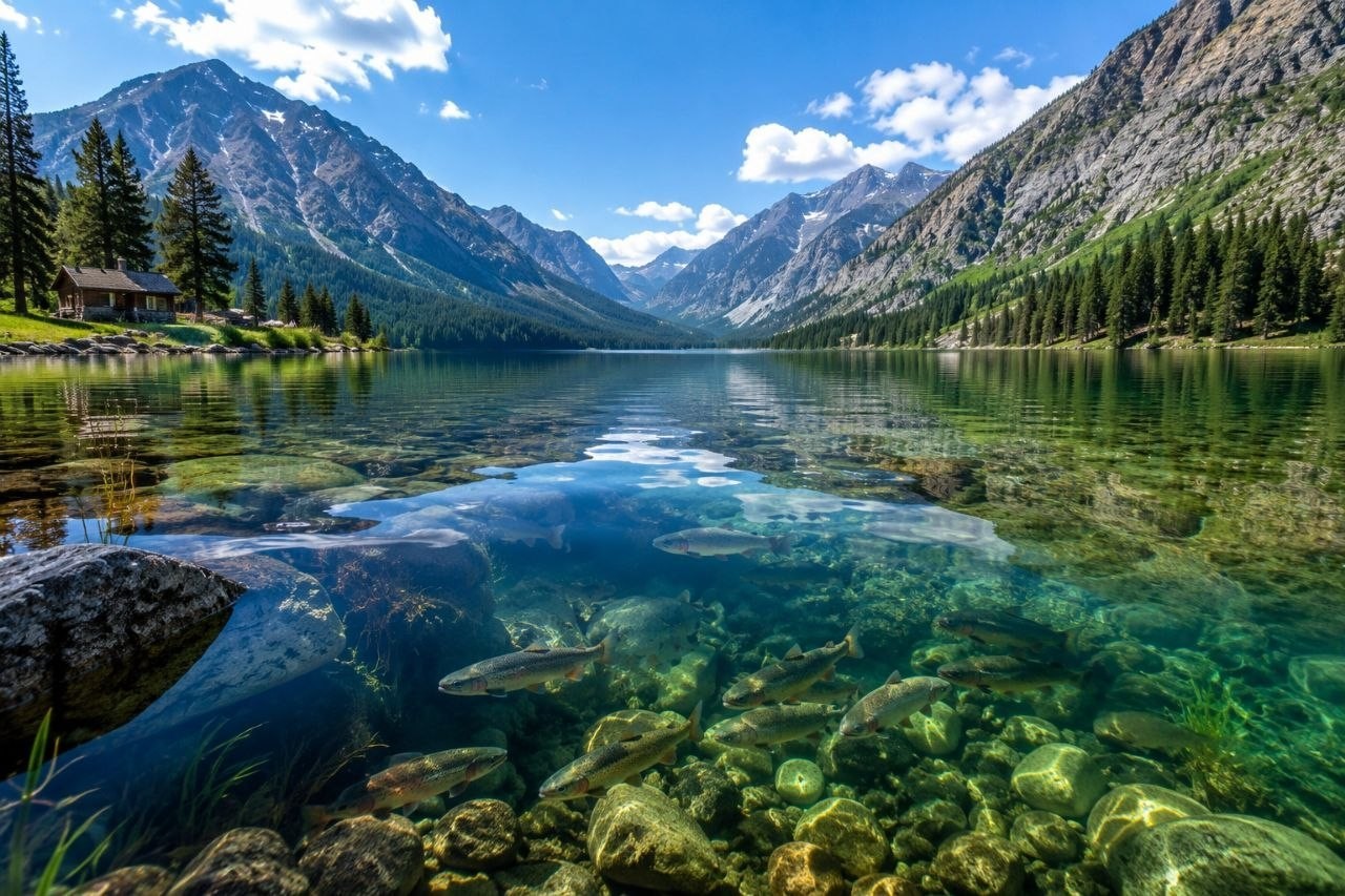 AI Nature Lake with Fish | Realistic Landscape Digital Art Download