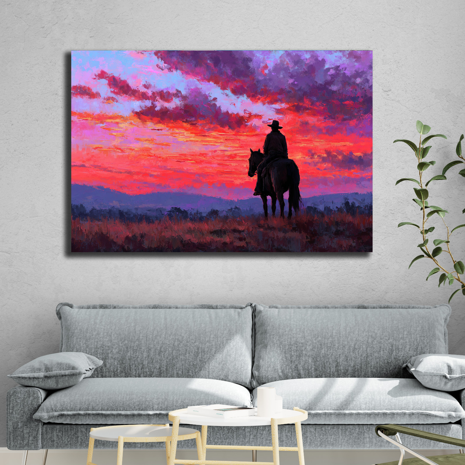 Cowboy on Horseback Sunset Art, Western Ranch Painting, Rustic Country Canvas