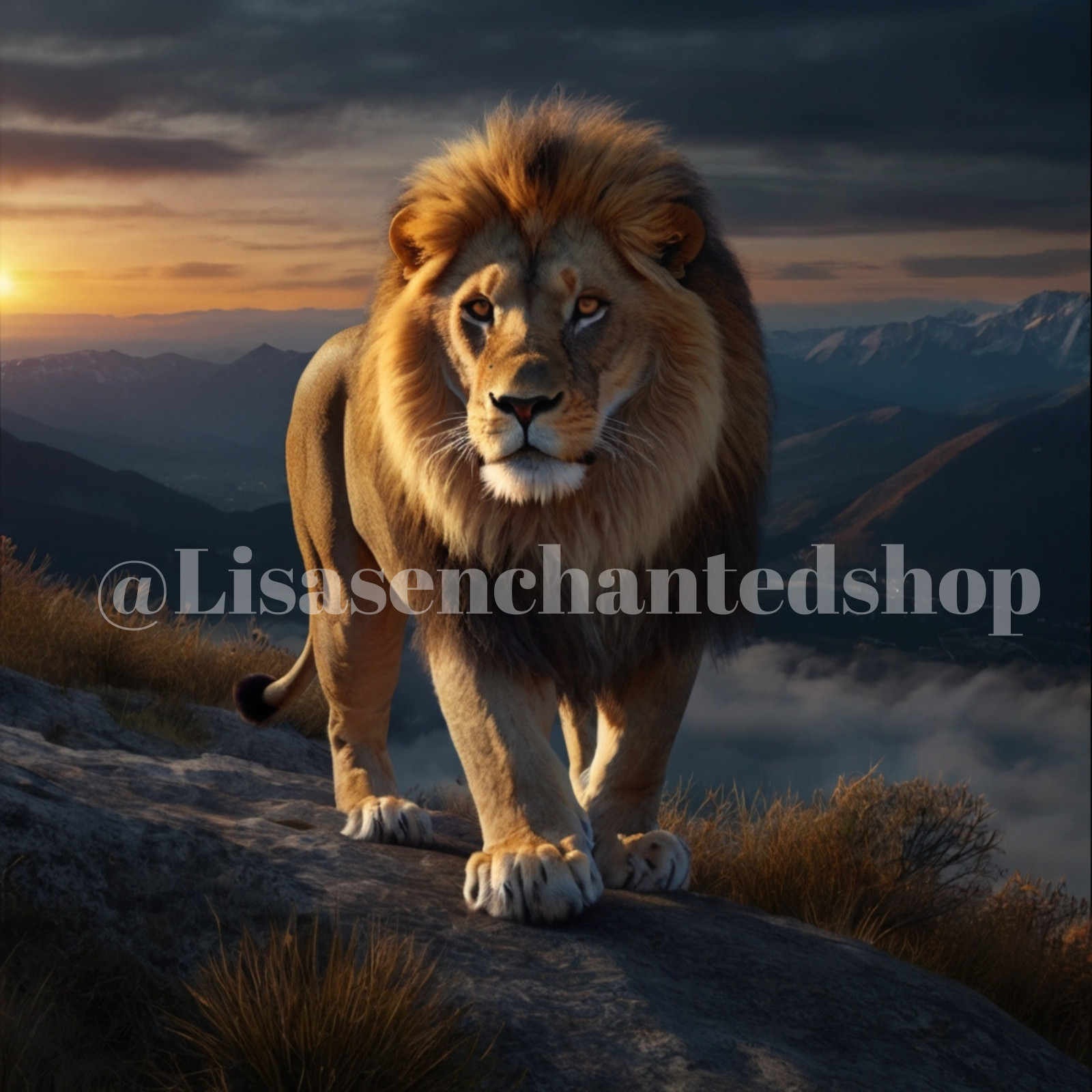 Digital Image Desktop Wallpaper AI Art – Lion Climbing Mountain During Sunrise