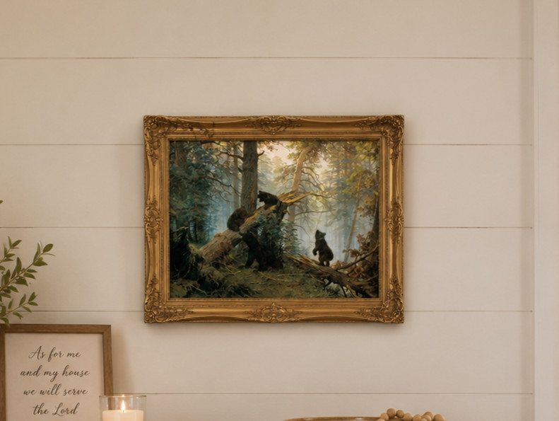Vintage Style Woodland Art Print with Bears Digital Download, Traditional Art